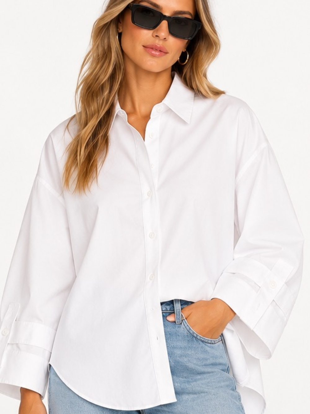 Good American Tabbed Poplin Oversized White Button Down Shirt Size 1/2 S/M